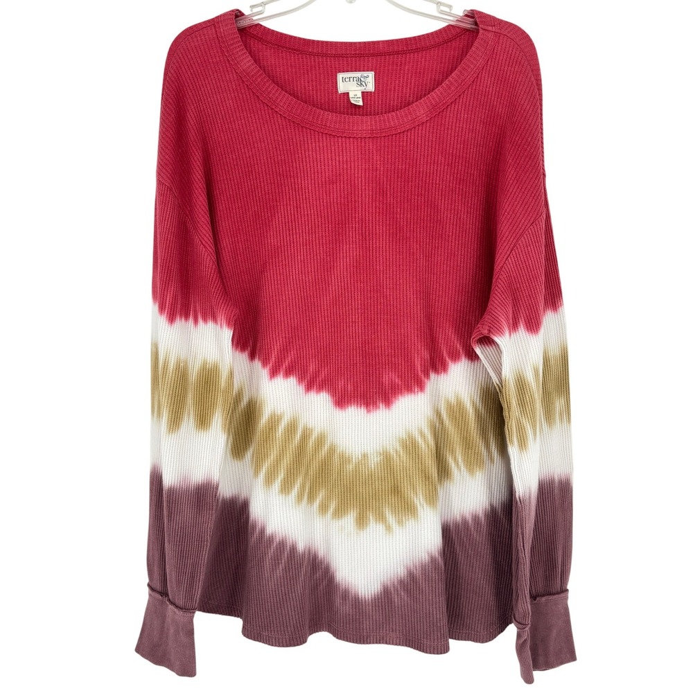 Terra & Sky Red Tie Dye Waffle Knit Thermal Long Sleeve Top 1X Cozy Colorful